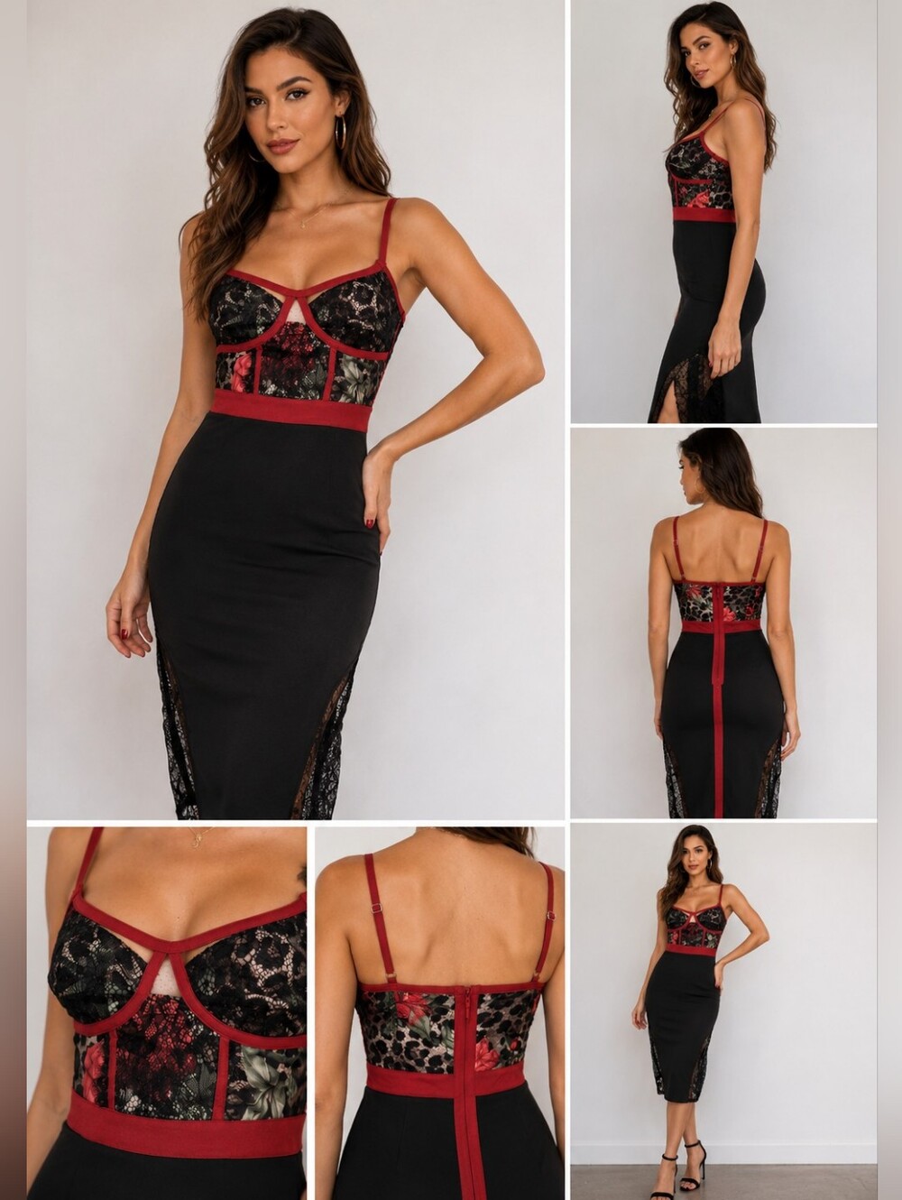 WOW Couture Lace Bandage Bodycon Midi Dress Floral Leopard Red & Black Small